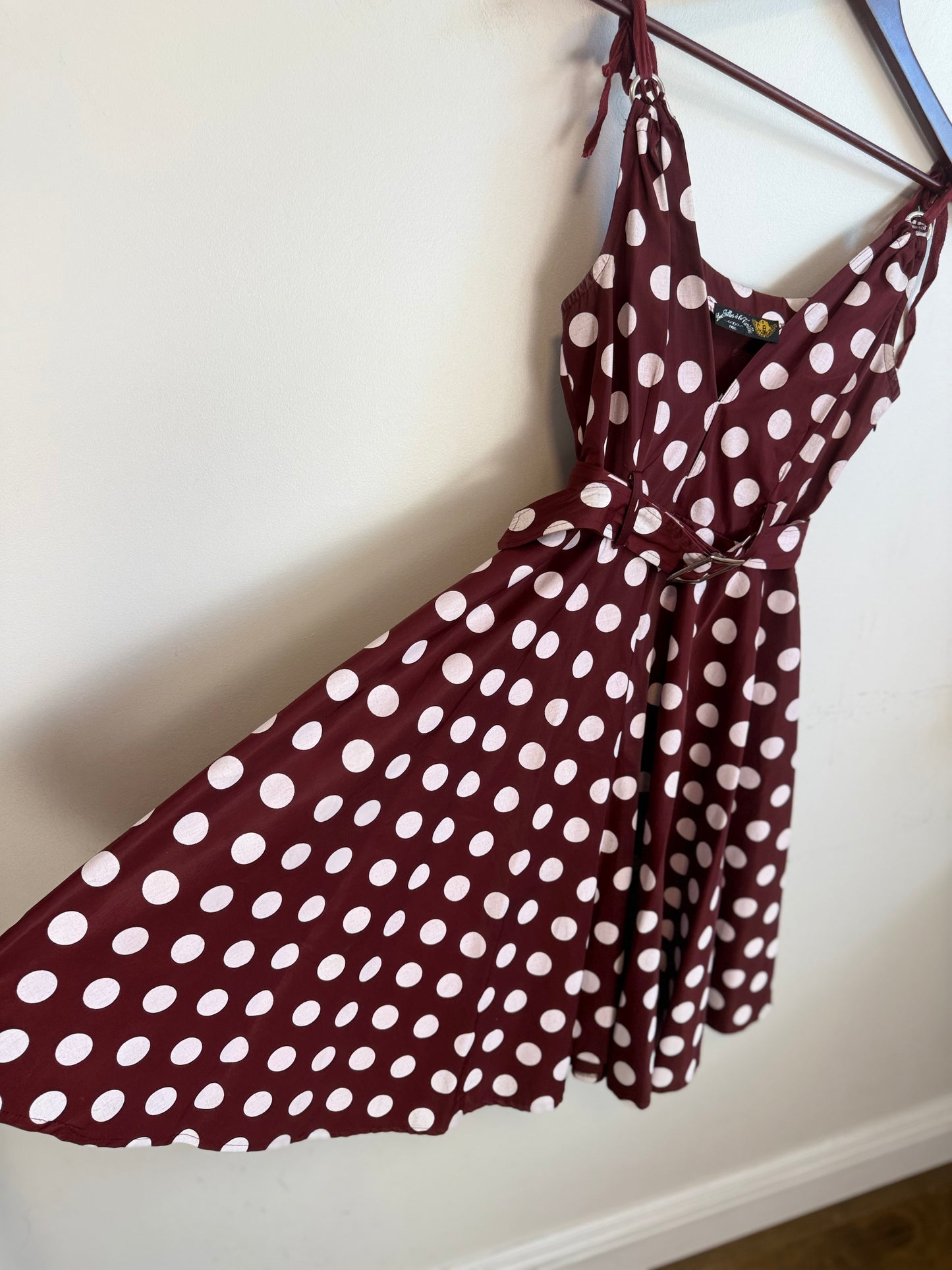 Vintage 90s Des Filles a la Vanille Paris Polka Dot Dress in Maroon/White (Size S)