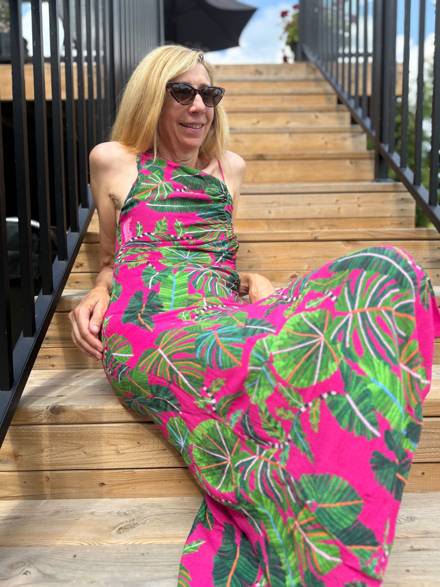 FARM RIO "Leaves Midi Dress in Hot Pink/Green" (Size S)