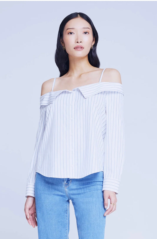 L’AGENCE Off the Shoulder "Larisa Blouse in White/Blue Stripe" (Size S/M)