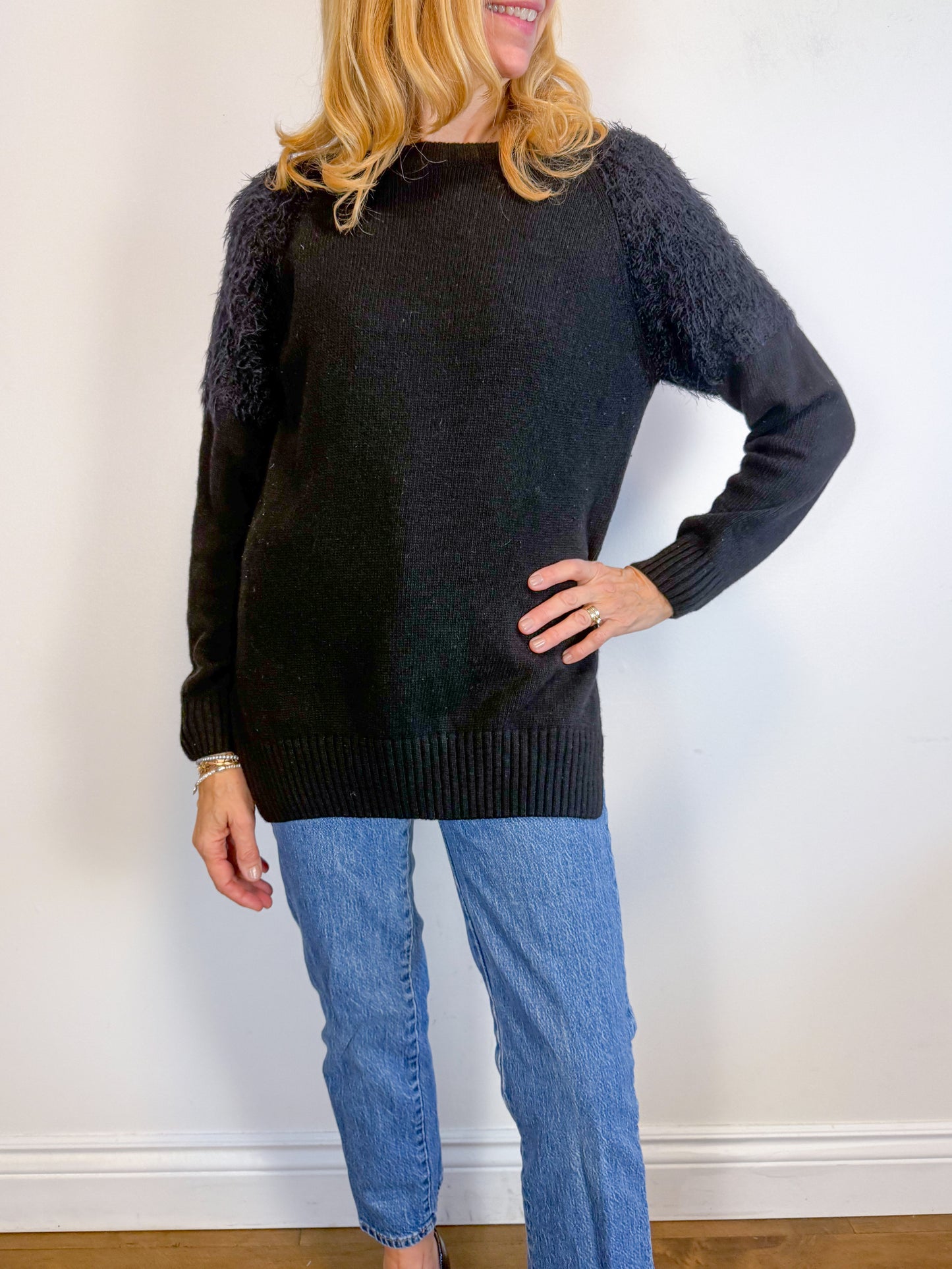 ANINE BING Designer "Fluffy Shoulder Wool Sweater in Black" (Size M)