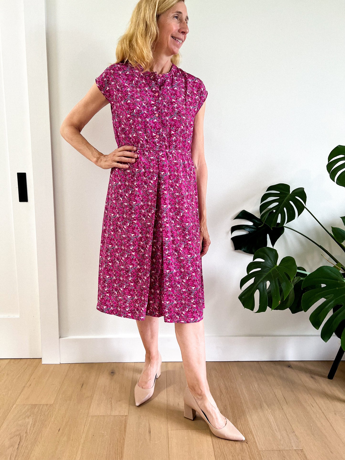 Vintage Pink Floral Midi Dress (Size M)