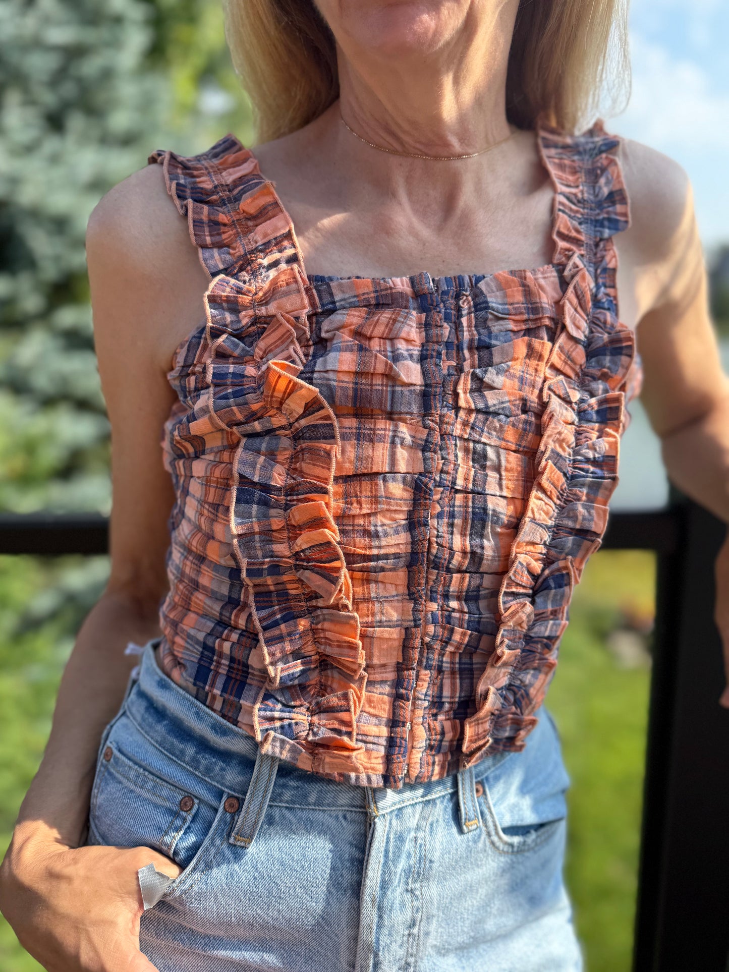 Anthropologie "Verb Ruffled Plaid Tank in Orange/Navy" NWT (Size XS-M)