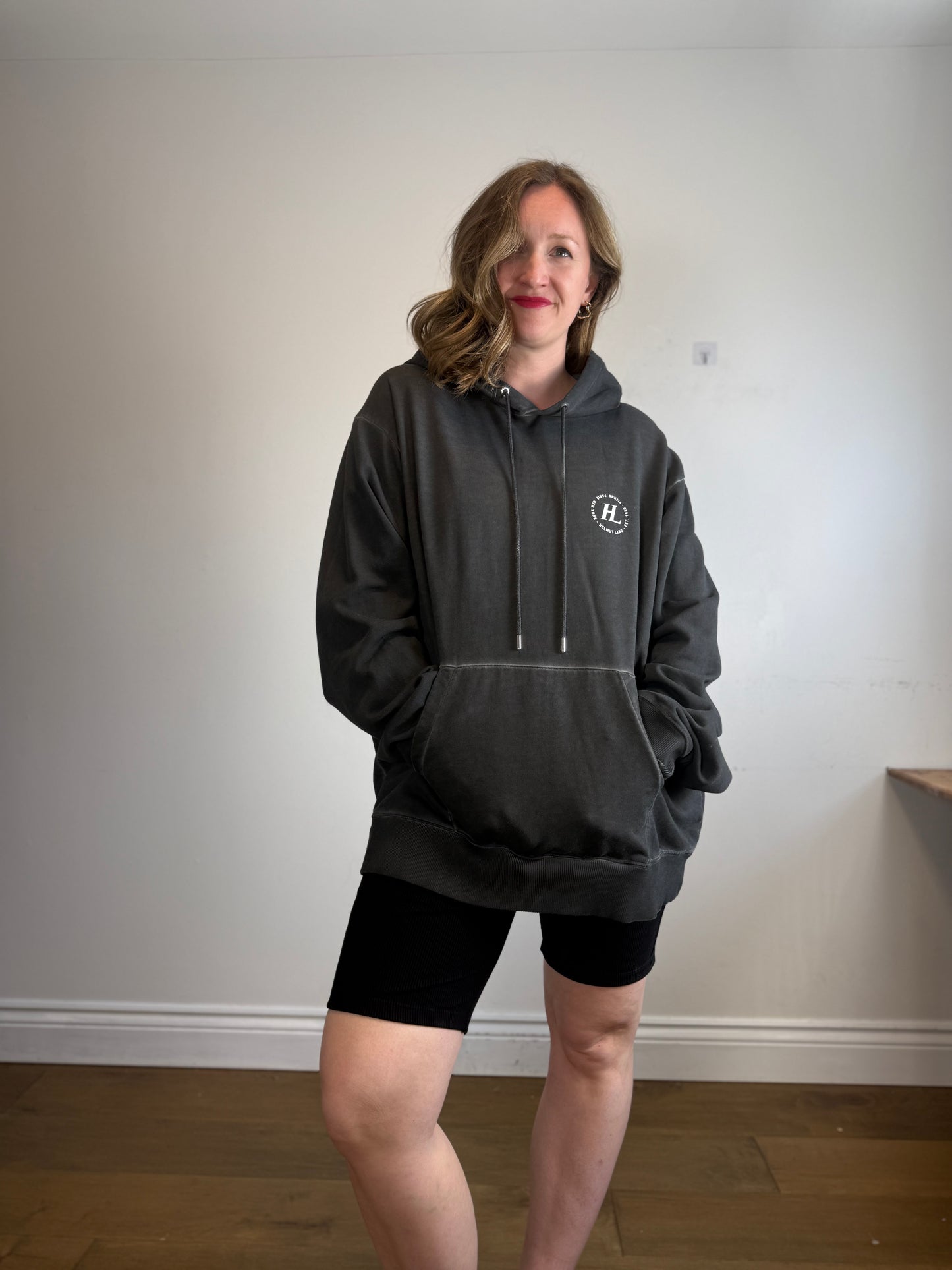 HELMUT LANG Designer Logo Hoodie Sweatshirt in Grey (Size XXL)