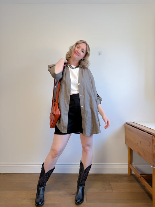 Vintage Oversized Linen Blouse in Grey Brown (Size XL)