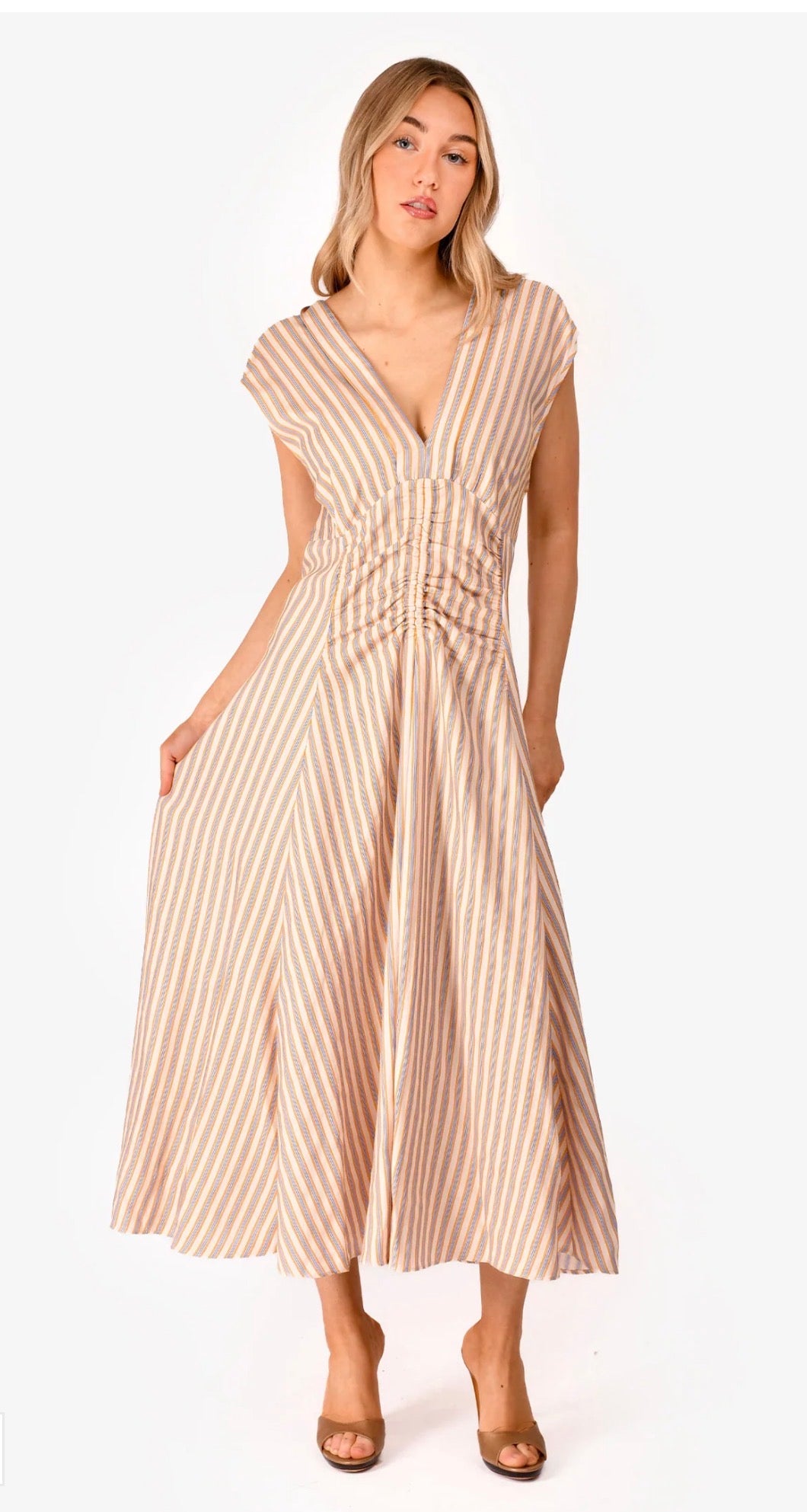 Sandro Striped Midi Dress in Pale Pink , Blue & Mustard (Size S)