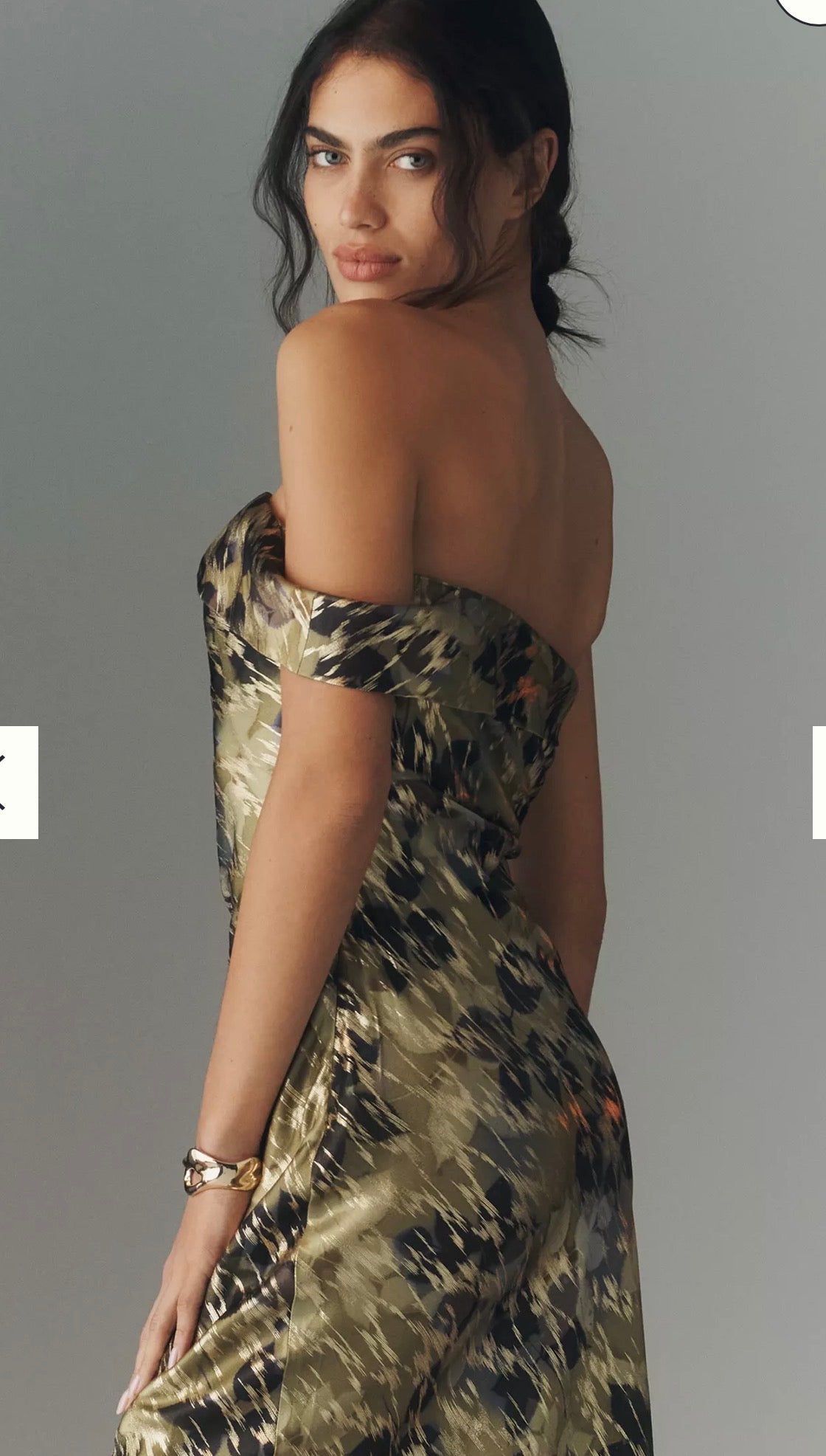 Anthropologie "One-Shoulder Printed Slim Midi Dress in Green/Gold" NWT (Size XL)