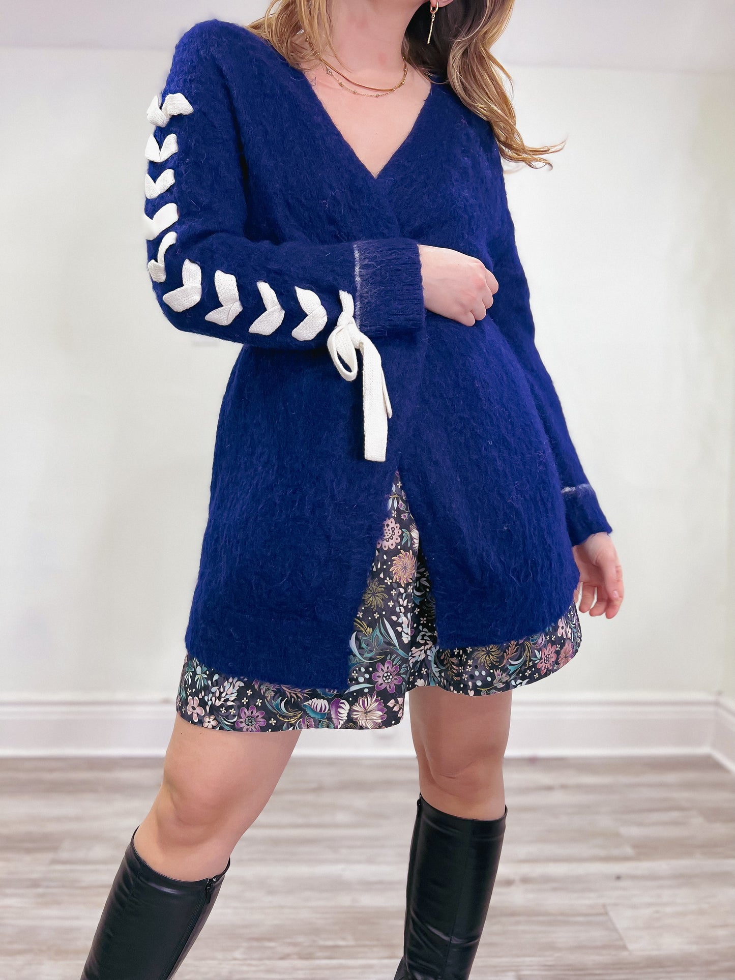 Chris Ran Lin for Lane Crawford Designer Wool Cardigan with Lace Sleeves in Navy (Size S/M)