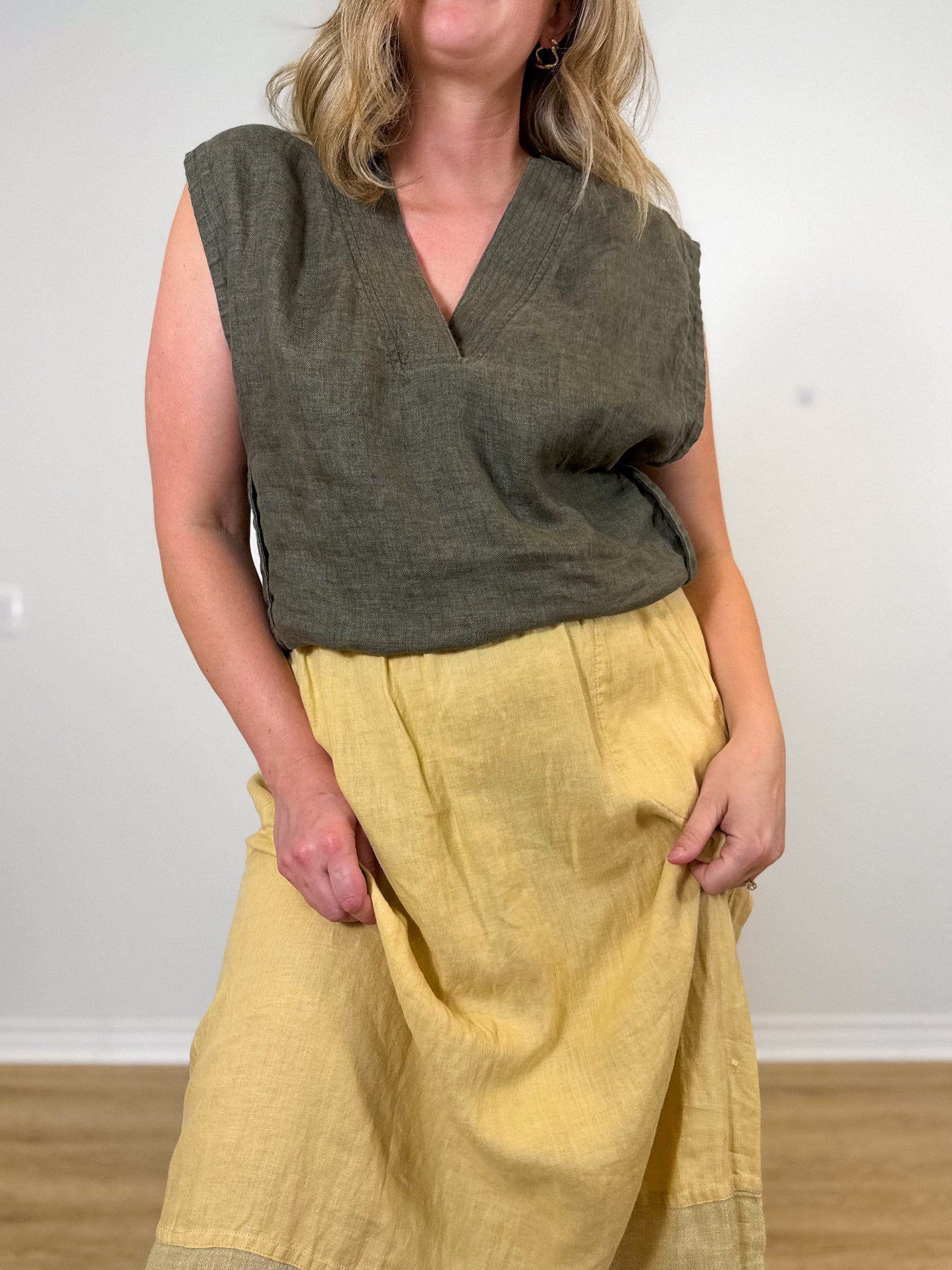 FLAX Linen Midi Skirt in Butter Yellow (Size L)