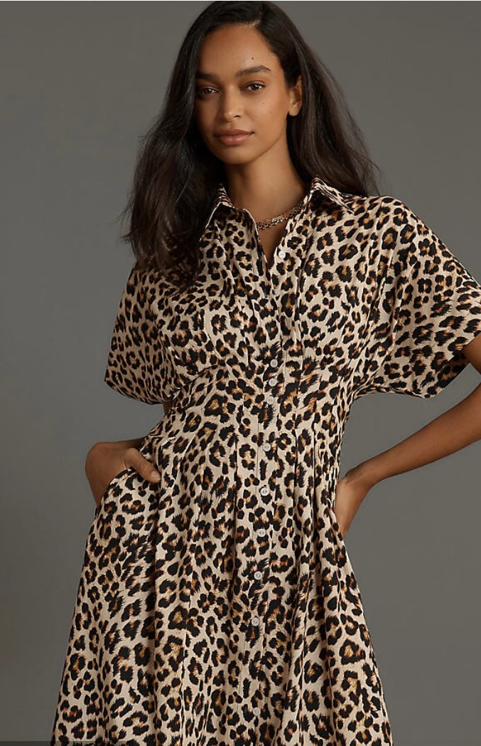 Anthropologie "The Tobie Leopard Print Midi Shirt Dress by Exquise" (Size S)