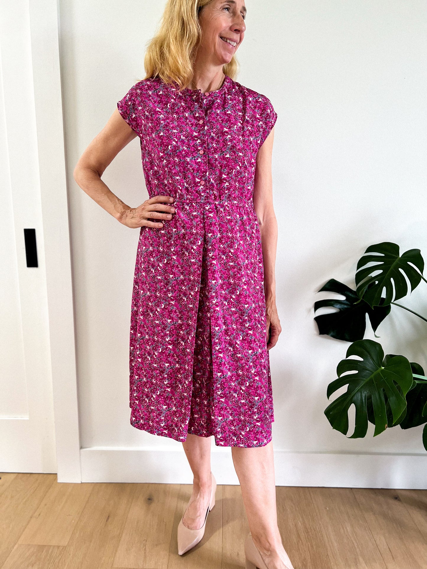 Vintage Pink Floral Midi Dress (Size M)