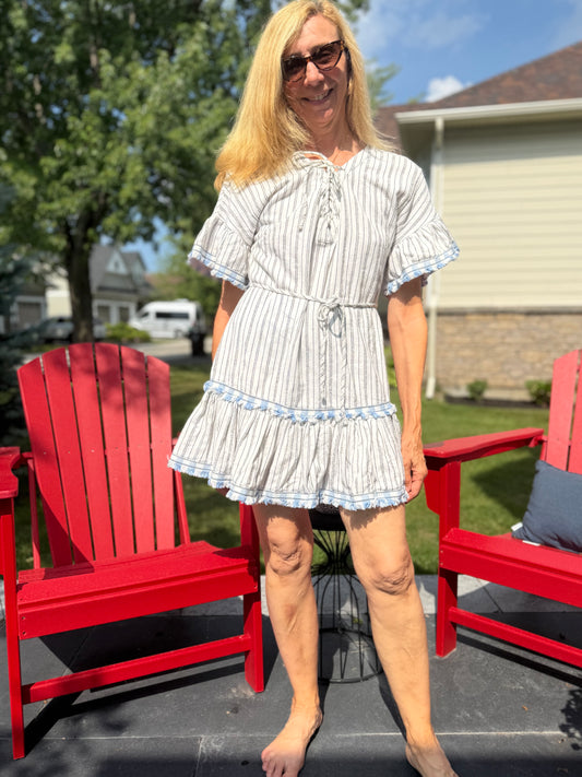 SUBOO Striped Fringe Mini Dress in White (Size S)