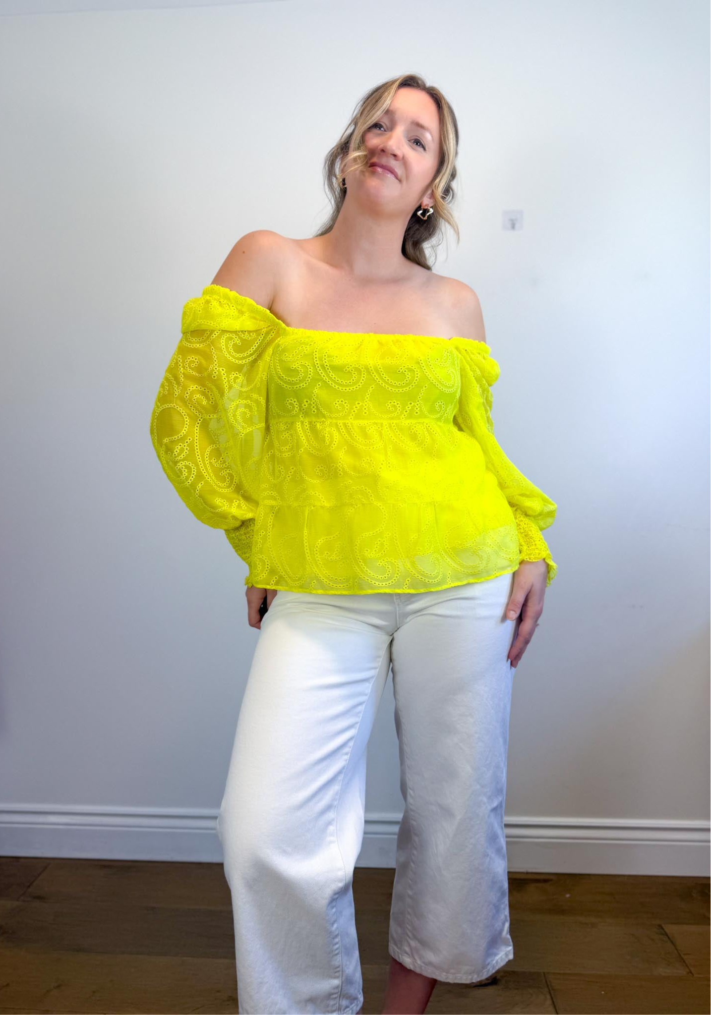 Alice & Olivia Eyelet Puff Sleeve Blouse in Neon Yellow (Size M)