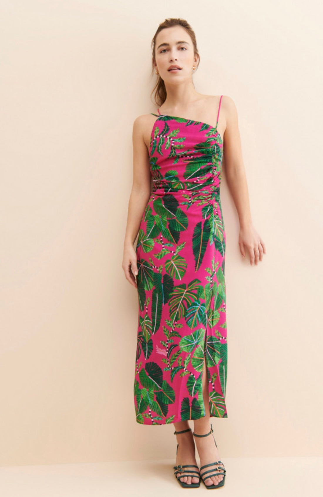 FARM RIO "Leaves Midi Dress in Hot Pink/Green" (Size S)