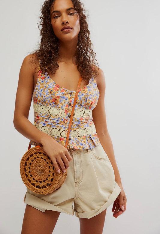 Free People "Kiana Lace Floral Printed Tank Top"  (Size L)