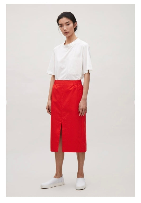 COS Red Orange Midi Skirt with Slit (Size 6)
