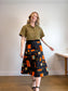 Vintage Abstract Floral Print Midi Skirt in Black/Orange (Size M)