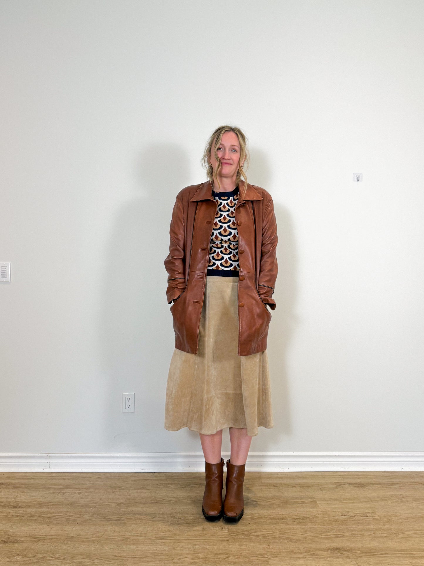 Vintage Leather Midi Skirt in Beige SOLD AS IS (Size XL)