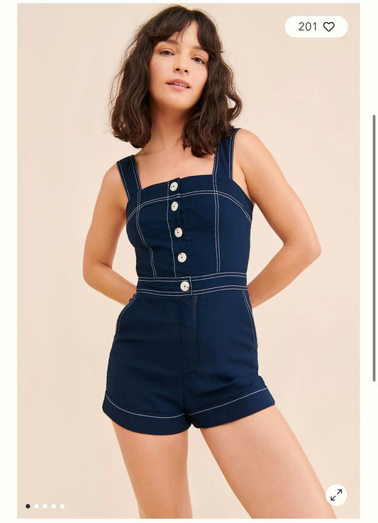 Anthropologie "Maeve the Portside Button Front Romper in Dark Wash Denim" NWT (Size 8)