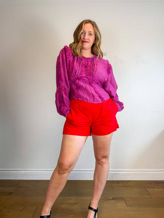 IRO Paris Designer "Camer Pleated Linen Top in Fuchsia" (Size L/XL)