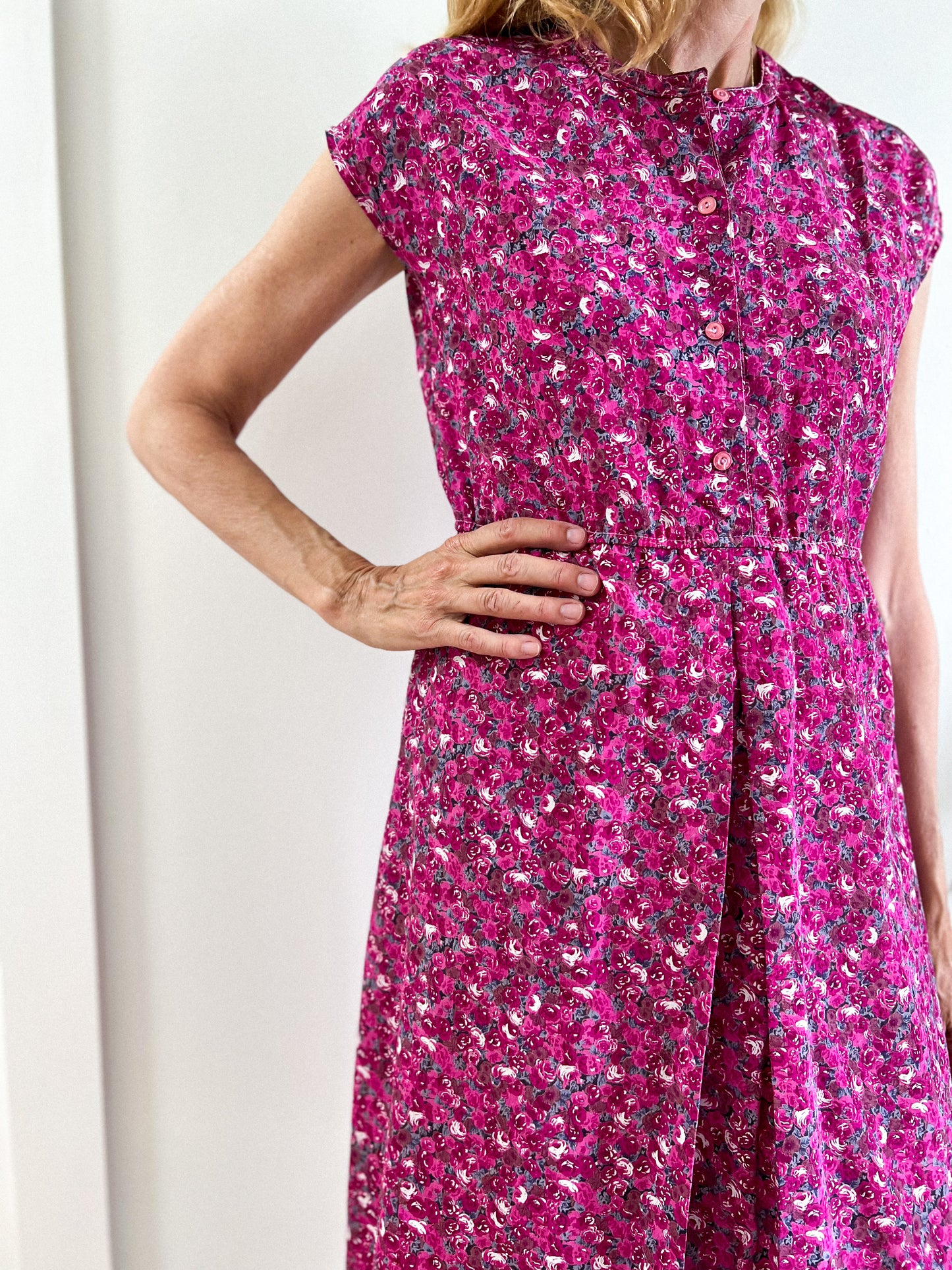 Vintage Pink Floral Midi Dress (Size M)