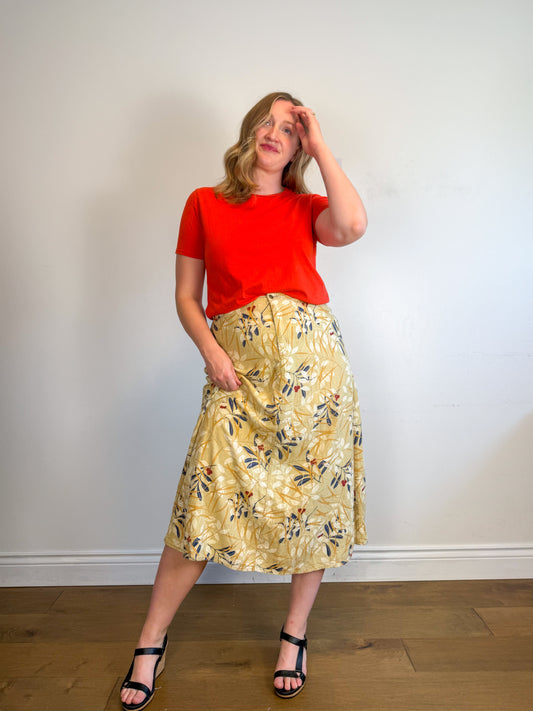 Vintage Liz Linen Floral Midi Skirt (Size L)