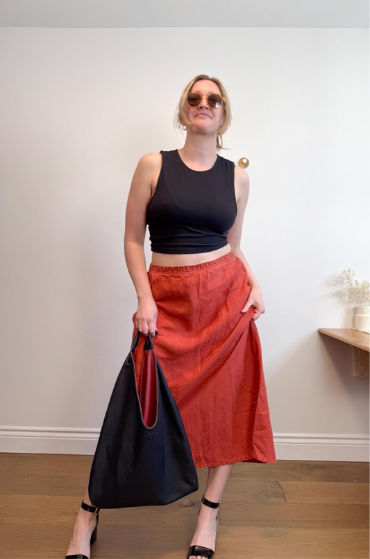 Two Star Dog Linen Midi Skirt in Terracotta (Size L)