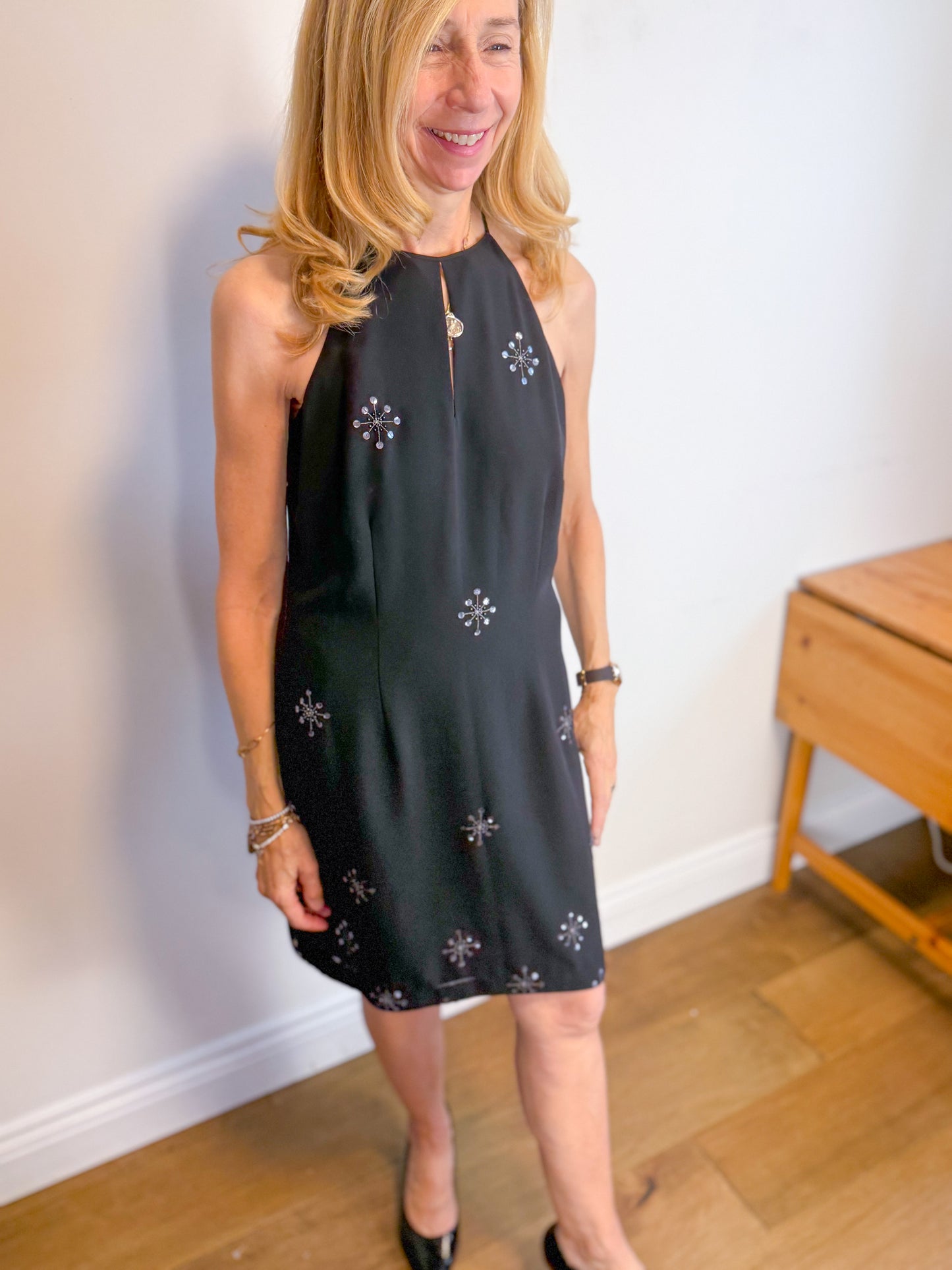 Vintage Black Mini Dress with Sequin Starbursts (Size M)