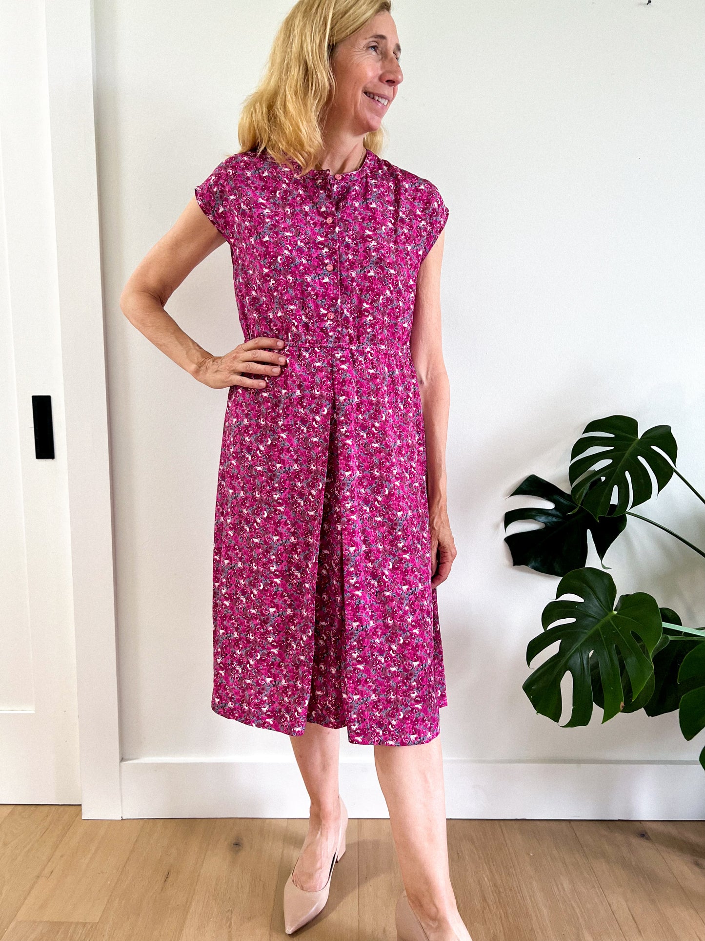 Vintage Pink Floral Midi Dress (Size M)