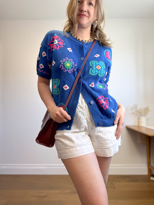 Vintage Hand Embroidered Short Sleeve Knit Cardigan (Size XL)