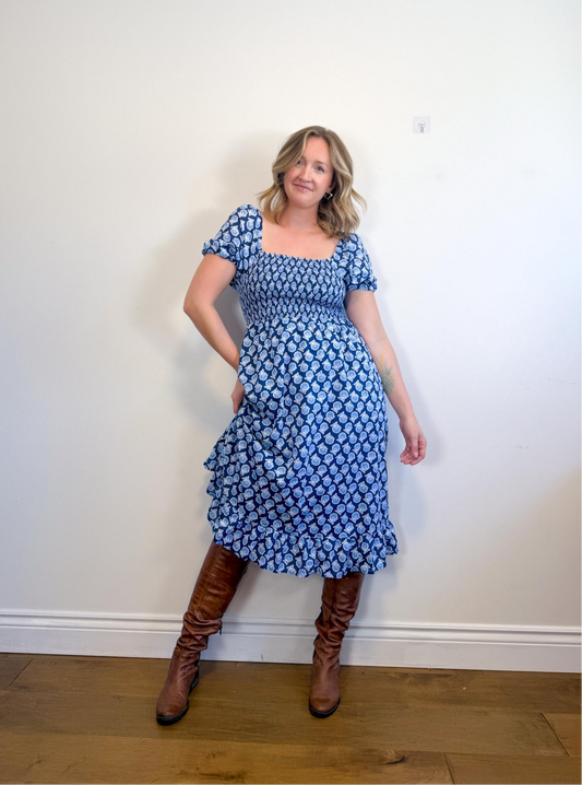 J.Crew Smocked Midi Dress with Puff Sleeves in Blue Print (Size S/M)