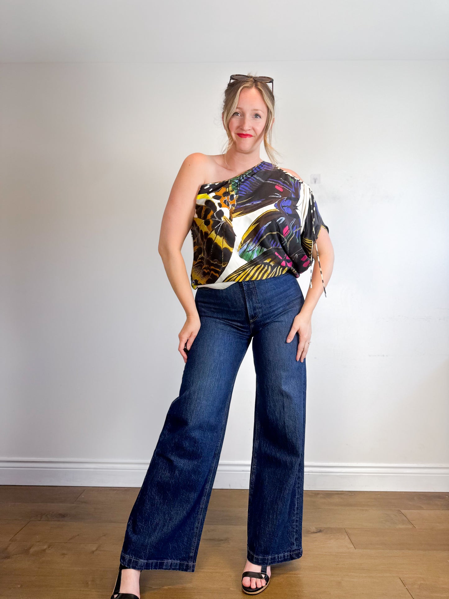 Roberto Cavalli "Multicolor Abstract Butterfly Silk One Shoulder Blouse" (Size M/L)
