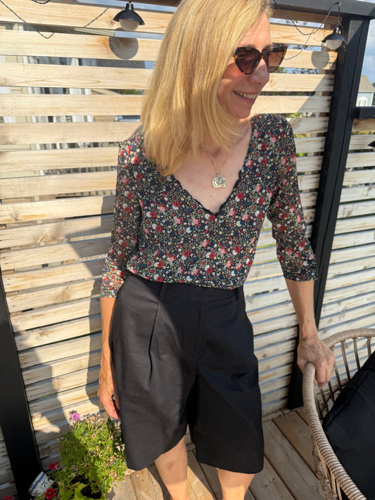 Sezane V-Neck Lace Trim Blouse in Black Floral (Size S)