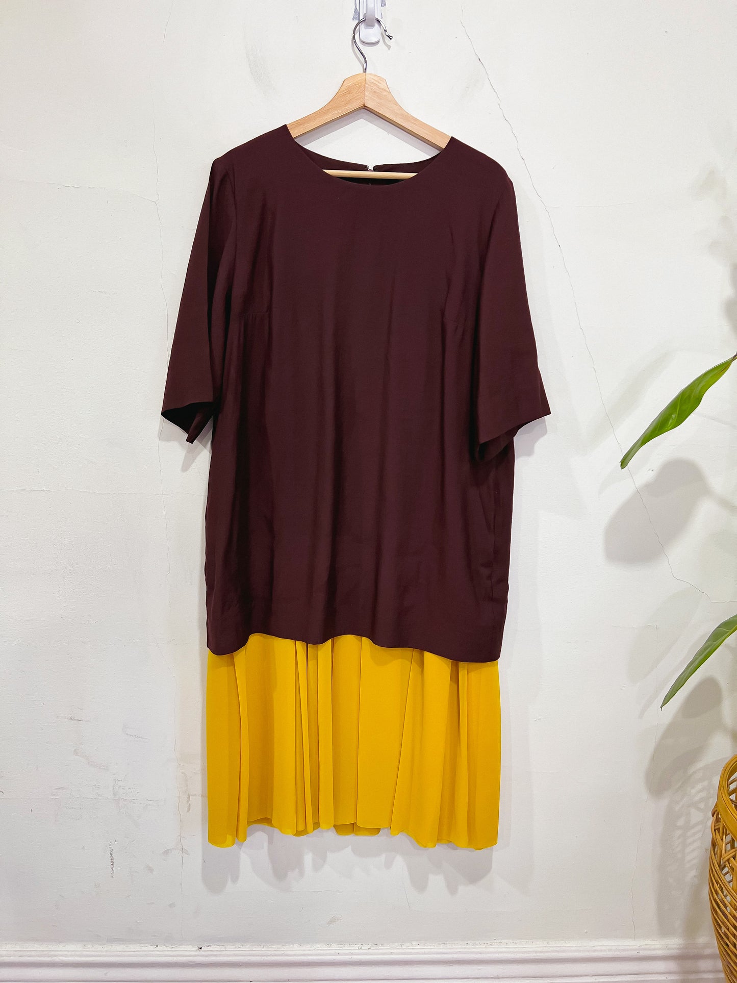 COS Maroon Oversized Dress with Yellow Chiffon Panel (Size L)