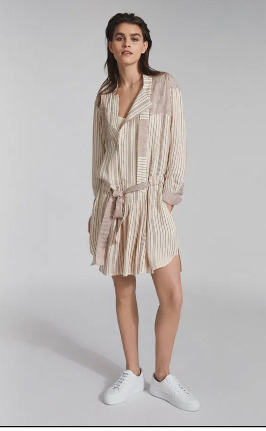 REISS "Alba Striped Shirt Dress in Red/Cream" (Size S)