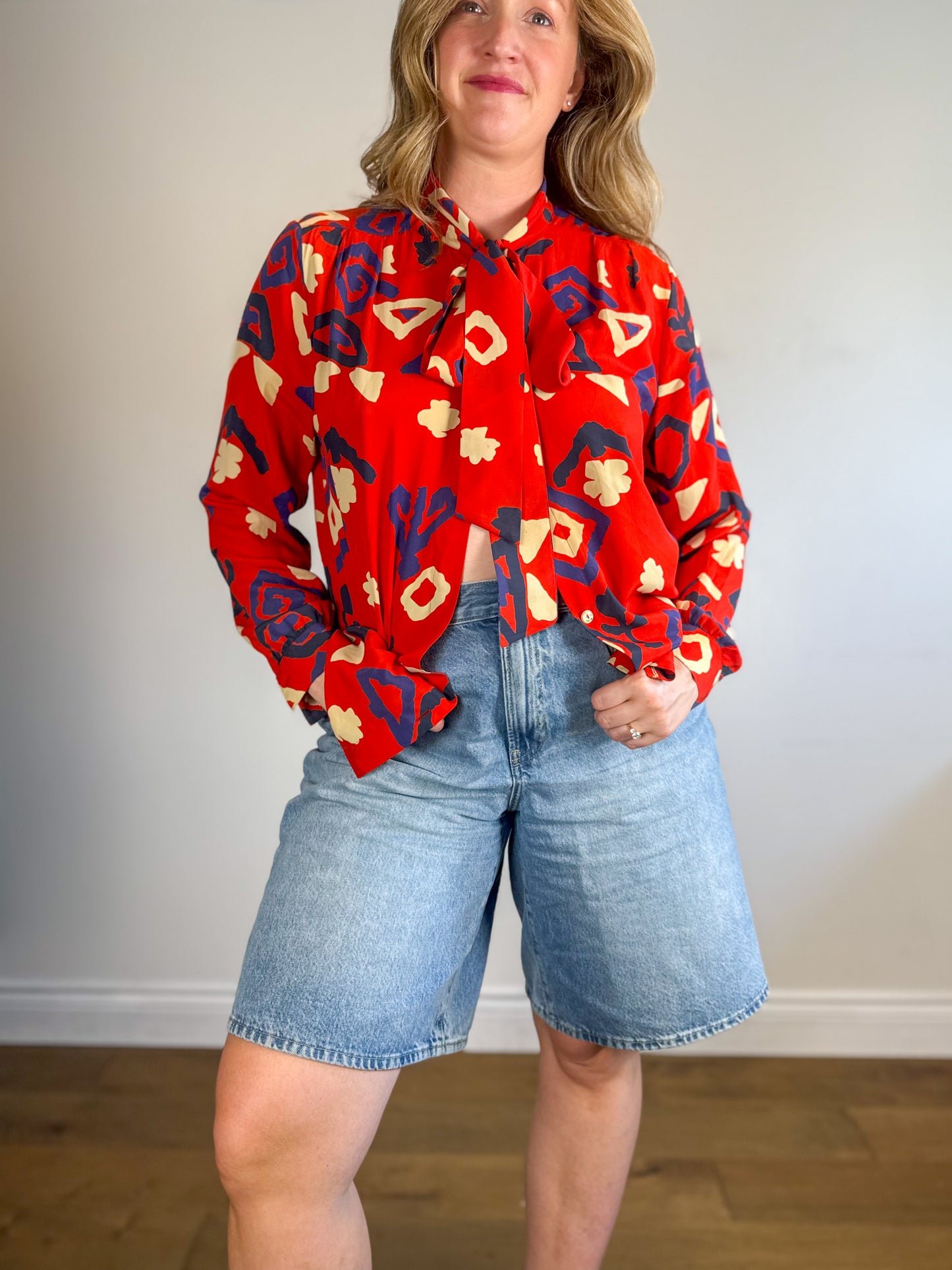 Vintage France Silk Blend Patterned Blouse (Size L/XL)