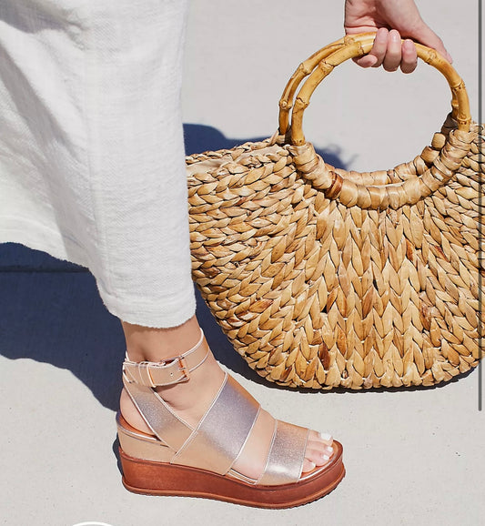 Free People "Vegan Dorian Wedge Sandals in Rose Gold" (Size 9)