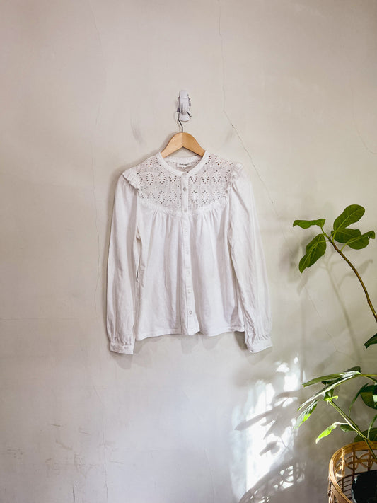 Thought Eyelet Ruffle Long Sleeve Top in White (Size 10)