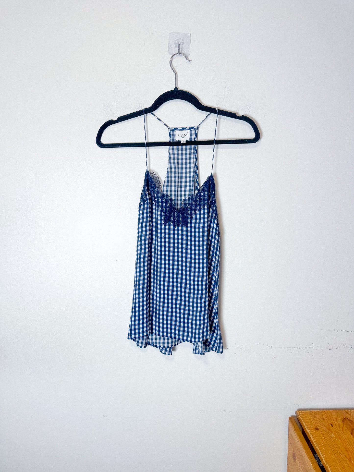 CAMI NYC "Racer Charmeuse Silk Camisole in Blue/White Check" (Size S)
