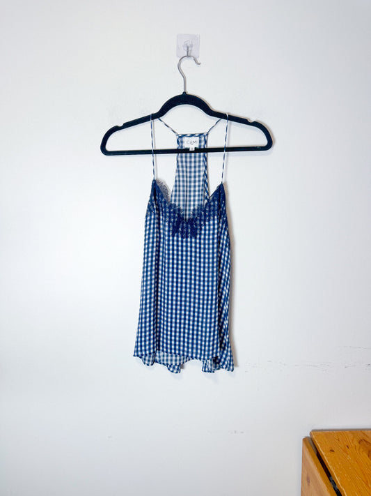 CAMI NYC "Racer Charmeuse Silk Camisole in Blue/White Check" (Size S)
