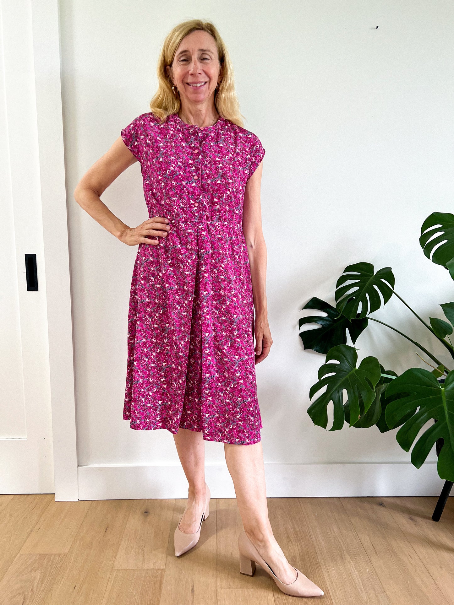 Vintage Pink Floral Midi Dress (Size M)