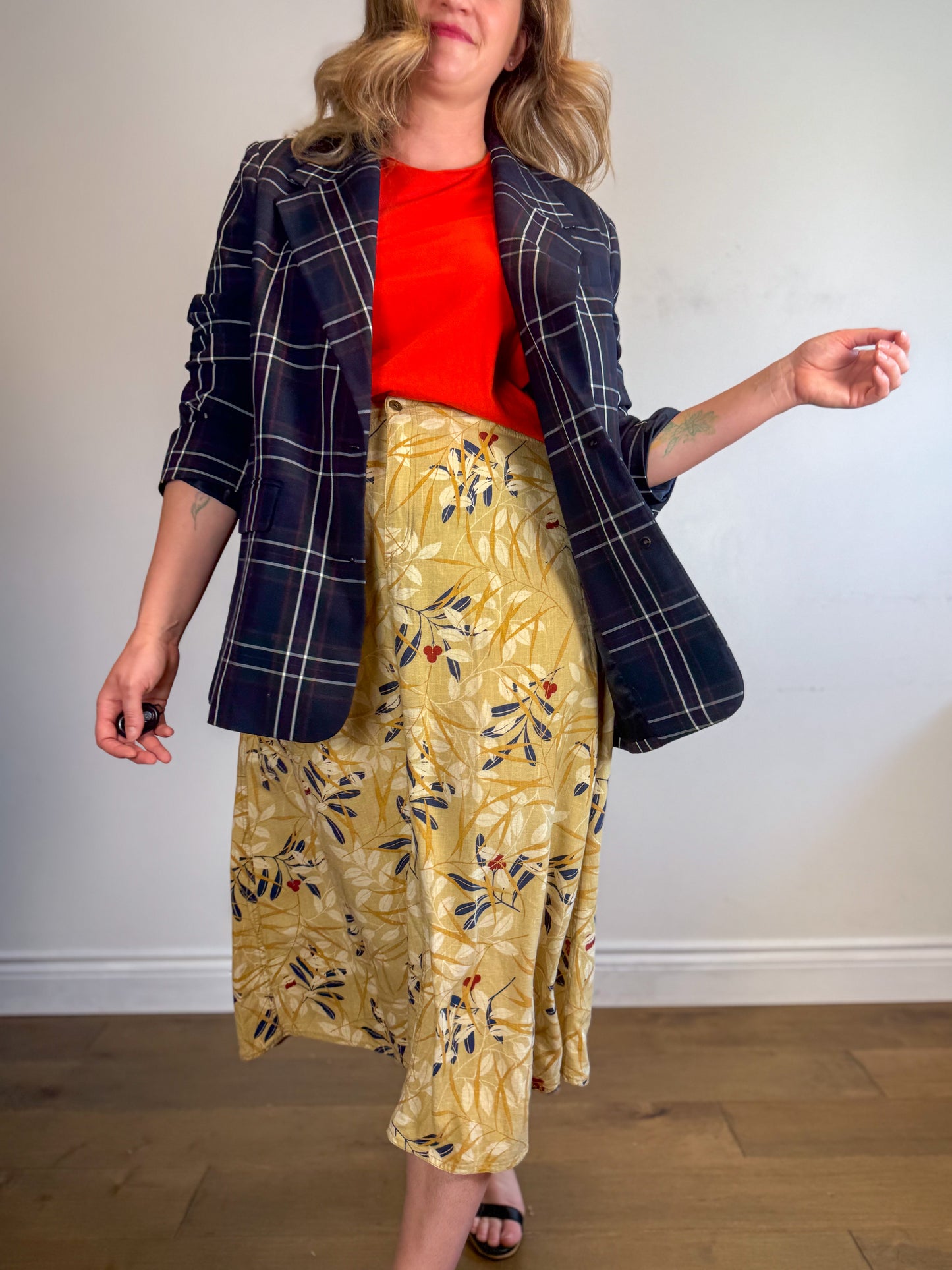 Vintage Liz Linen Floral Midi Skirt (Size L)