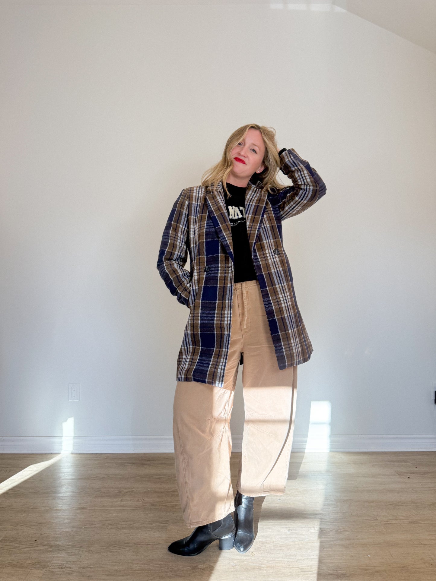 ICHI Plaid Coat in Navy/Brown (Size M/L)