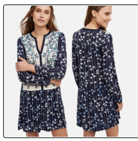 Anthropologie Embroidered Floral Tunic Dress in Blue (Size S)
