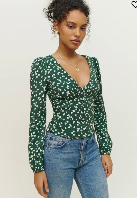 Reformation "Nell Top in Green Floral" (Size S)