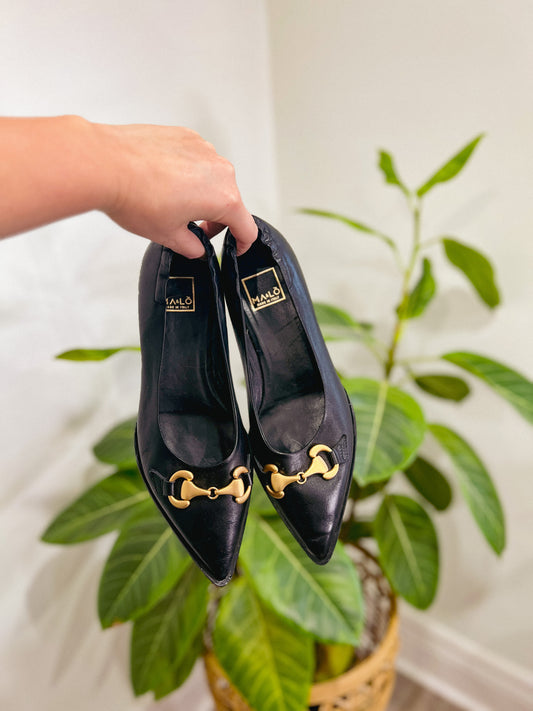 Ma&Lo Black Leather Loafers with Gold Buckle (Size 40)