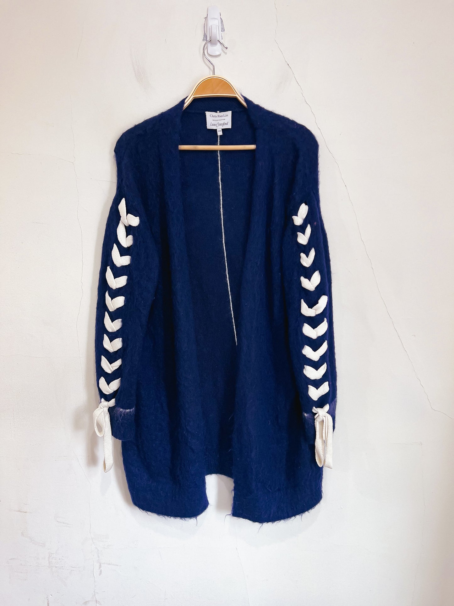 Chris Ran Lin for Lane Crawford Designer Wool Cardigan with Lace Sleeves in Navy (Size S/M)