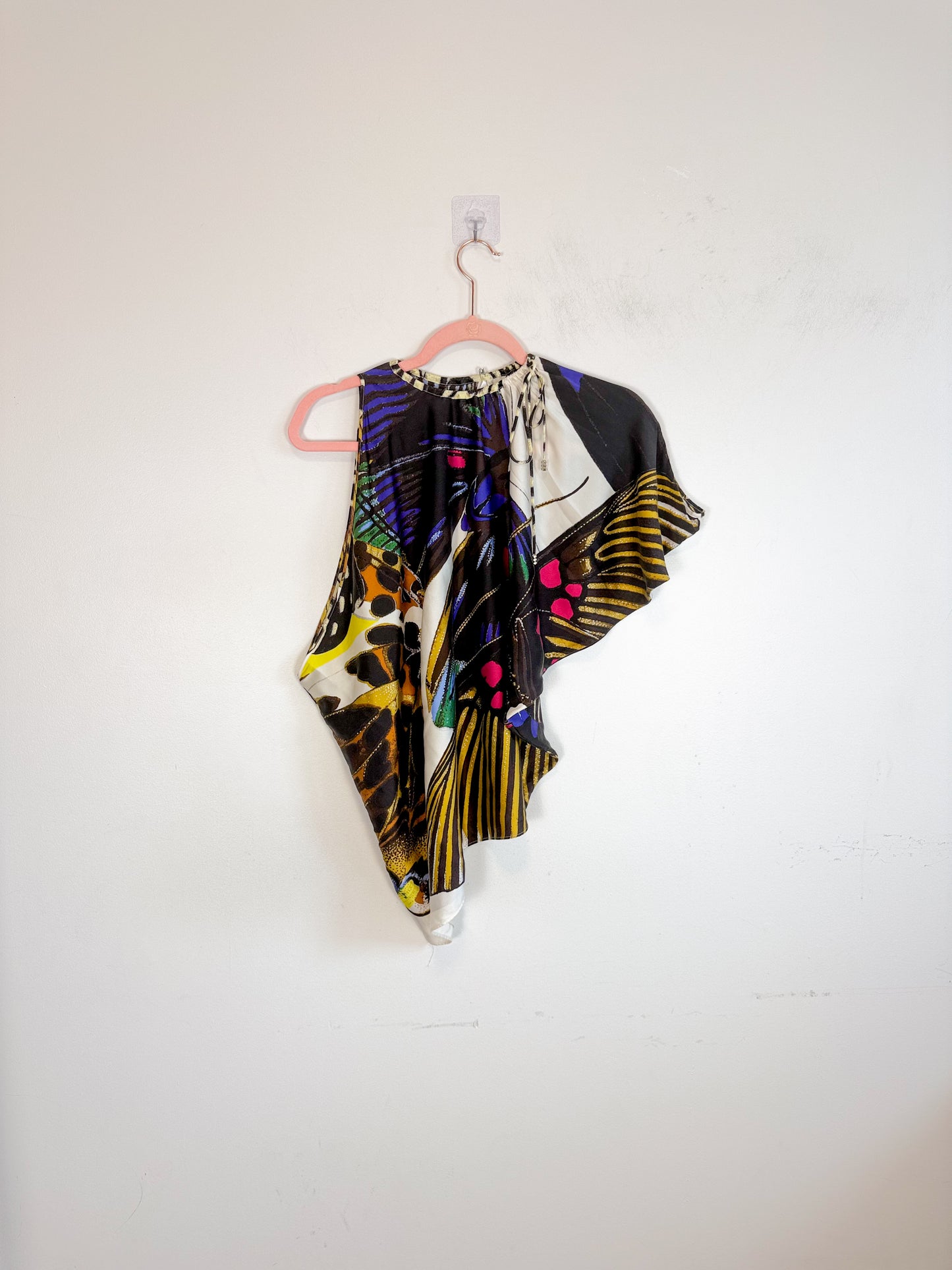 Roberto Cavalli "Multicolor Abstract Butterfly Silk One Shoulder Blouse" (Size M/L)