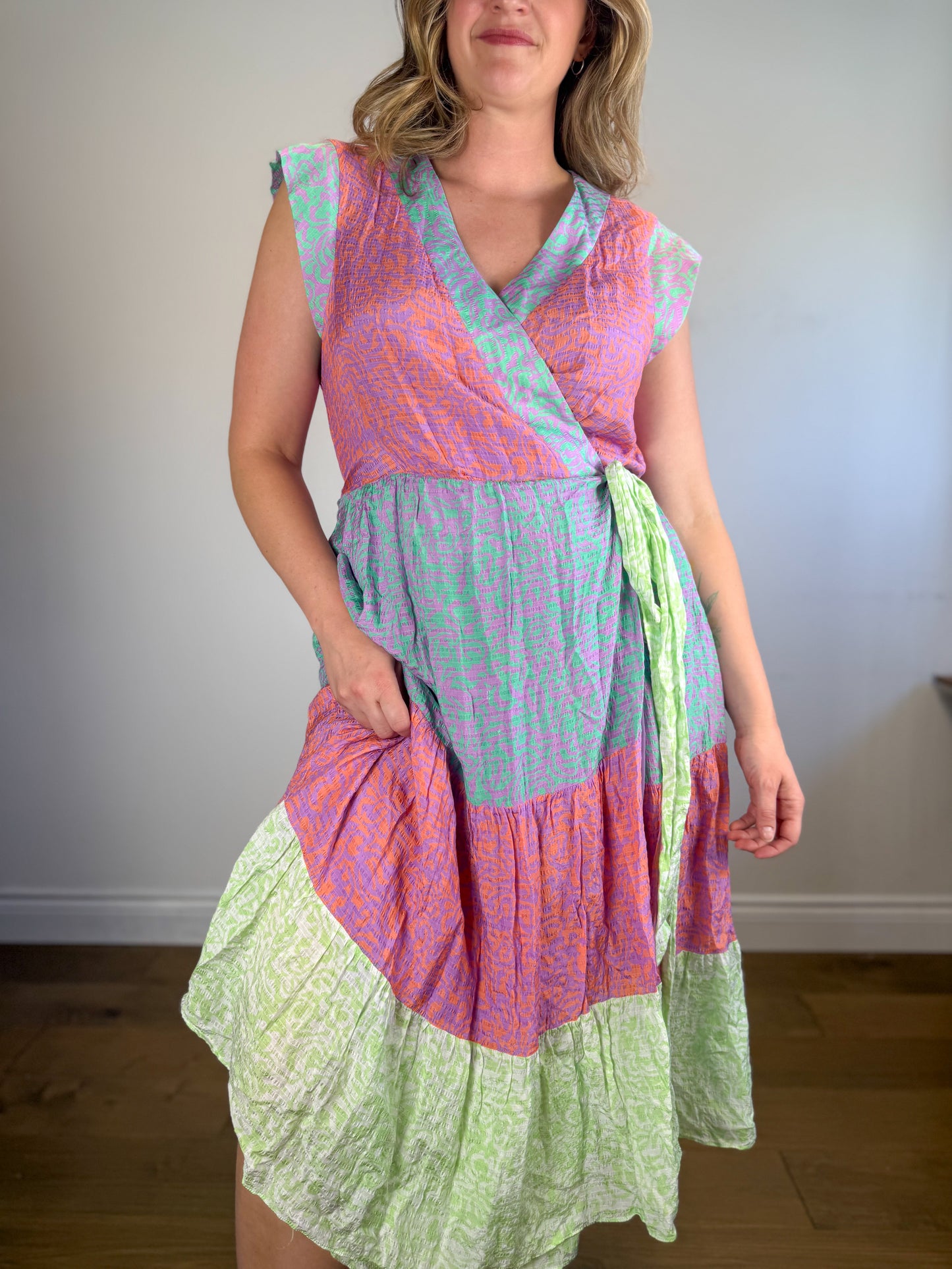 Tanya Taylor "Jazzie Multi-Colour Pastel Wrap Dress" (Size L/XL)