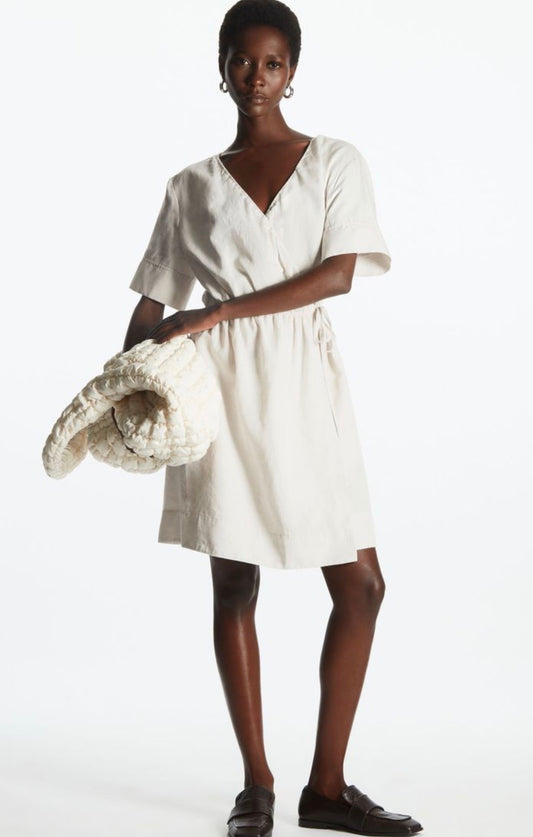 COS "Mini Linen-Blend Wrap Dress in Oatmeal" (Size S-M)