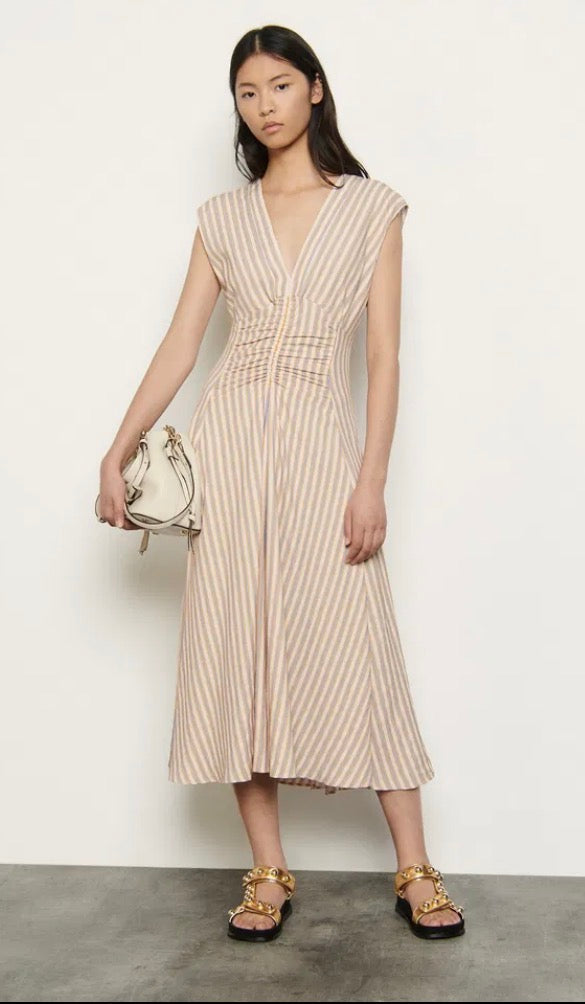Sandro Striped Midi Dress in Pale Pink , Blue & Mustard (Size S)